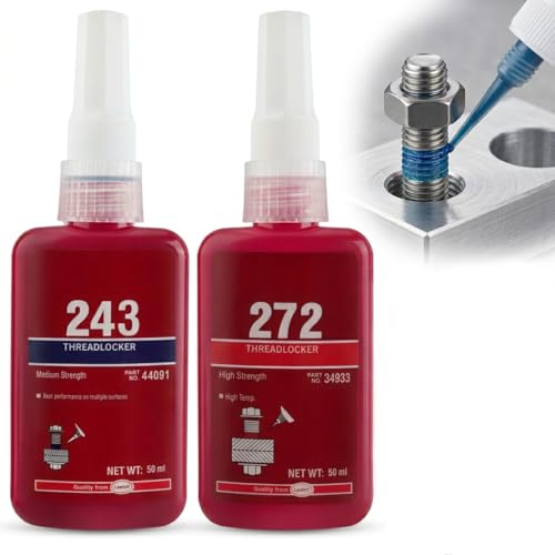 Image of Thread Lock Blue & Red, 50ml x2 Threadlocker Adhesive Set, Medium Strength 243 & High Strength 272 for Metal Bolts, Nuts & Fasteners, Anti-Loosening, Waterproof & Rust Resistant