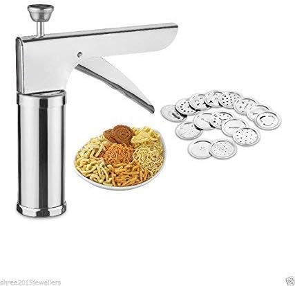 VOETEX ZONE Stainless Steel Kitchen Press with 15 Different Types of Jalies, Murukku Maker/Bhujiya Maker/Noodles Maker/Cookies Maker/Namkeen Maker/Chakali Maker/Sev Maker/Farsan Maker/Gathiya Maker