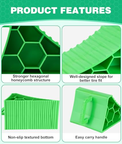 Image of PAHTTO Wheel Chocks 4 Pack, RV Chocks with Handles for RV Trailer Camper Car Truck, Wheel Block Stopper for Tire, Strong RV Wheel Chocks Hexagonal Honeycomb Structure, RV Trailer Accessories, Green