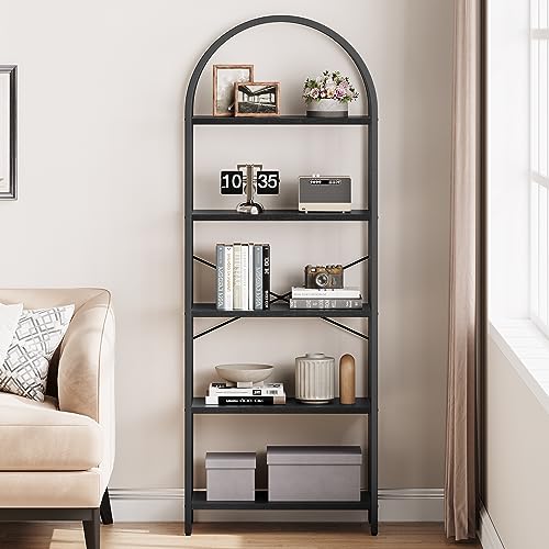 Arched Bookshelf 5 Tier Bookcase Display Racks Tall Bookshelves Modern Storage Rack Shelf Large Wood Book Shelf for Bedroom, Living Room, Home Office (Black)