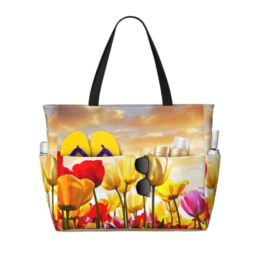 Sac de plage tulipe coucher de soleil grand format cabas femme
