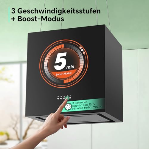 SNDOAS Inselhaube, 800 m³/h Dunstabzugshaube Umluft für Kochinsel, Aktivkohlefilter, 3 Geschwindigkeitsstufen mit Boost, Freihängende Installationsdesign, 40cm, Schwarz