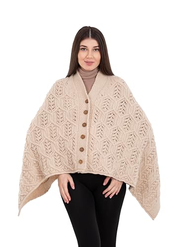 Image of SAOL Aran Poncho 100% Merino Wool for Ladies with Buttons V-Neck Shawl Cardigan