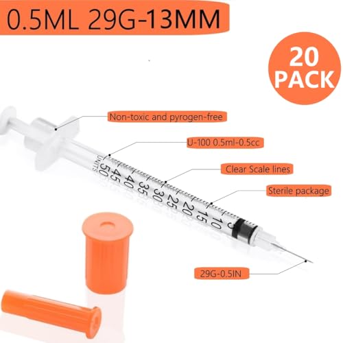 Image of 1 /2ml 29G 1 /2 Inch Measuring Syringes Lab Supplies, Individually Sealed Wrapped - Pack of 20