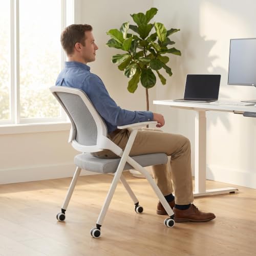 Image of Folding Office Chair with Wheel,Conference Room Chairs with Smooth Armrest-Mesh Back,Rolling Stackable Foldable Desk Chair for Guest Reception Meeting Classroom Training Seminar ,Gray∰with wheel,40