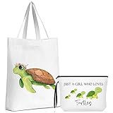 Sieral 2 Pcs Animal Lover Bag Gift for Women Travel Canvas Tote Portable Zipper Pouch Canvas Reusable Grocery Tote(Turtle)