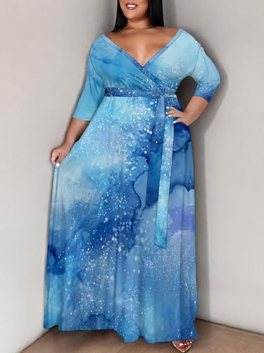 Image of SUZONANA Plus Size Maxi Dresses for Curcy Women Casual Loose 3 /4 Sleeve Long Dress with Belt
