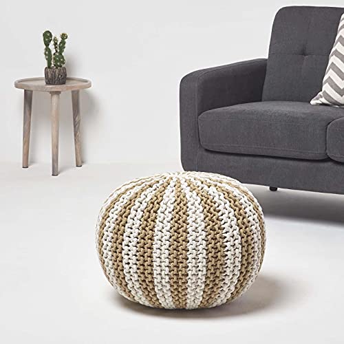 Homescapes Pouf, leinen-weiß gestreifter Strickpouf, großes Bodenkissen 40 x 50 cm, dekorativer Fußhocker mit grob gestricktem Bezug aus 100% Baumwolle, Strickpuff/Strickhocker