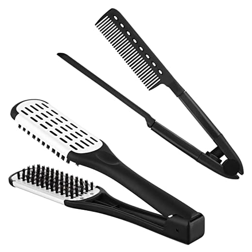 Chengu 2 Pcs Boar Bristle Brushes - Double Sided Clamp Brush and Flat Iron Comb for Straightening Knotty, Unkempt Hair (Black White, Black)