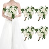 Picture of HOMENERGY Set of 4 Wedding Bridesmaid Bouquets - 7 Inch Ivory Artificial Flowers Bouquets for Ceremony Anniversary Centerpieces Decorations