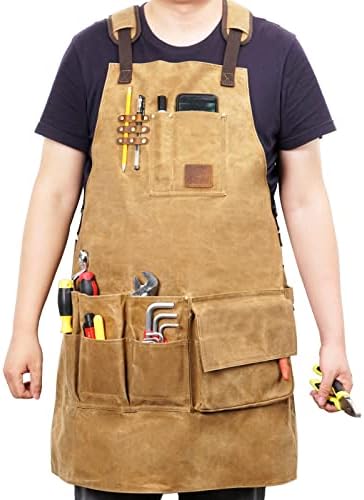 Leather Welding Apron With 10 Pockets, Woodworking Apron for Men, Heat & Flame-Resistant Heavy Duty Waxed Canvas Work Apron, Quick Release Cross-Back Straps - Adjustable S to XXXL ( Brown)