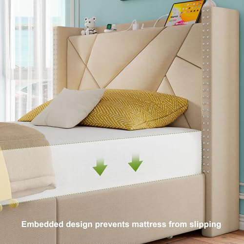 Feonase Upholstered Storage Bed Frame Twin Size with 4 Drawers, Platform Bed with Charging Station & Wingback Headboard, Solid Wood Slats Support, Beige