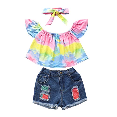 Noubeau Toddler Girl Clothes Off Shoulder Top Tie Dye Shirt Denim Shorts Girls Ripped Jeans Cute Summer Outfits (Yellow, 3T)