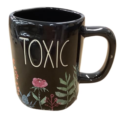 Rae Dunn Toxic Floral Coffee Mug, Black Ceramic with Botanical Design