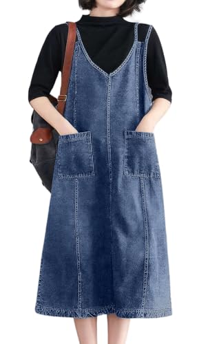 Image of ebossy Women's Sleeveless V Neck Denim Overall Jumper Dress Casual Loose Double Spaghetti Straps Midi Jean Dress