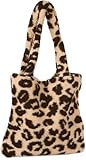 styleBREAKER Damen Shopper Tasche Teddyfell Optik Leo Muster | Große Schultertasche & Beuteltasche | Weiche Viskose & Magnetverschluss | Animal Print Plüsch Bag für Herbst Winter, Braun-Dunkelbraun