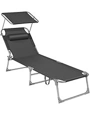 SONGMICS Sun Lounger, Deck Chair Folding, Sunbed, 193 x 53 x 29 cm, Max. Load 150 kg, with Sunshade Headrest Adjustable Backrest, Reclining Sun Chair for Terrace Pool Garden, Dark Grey GCB19UV1