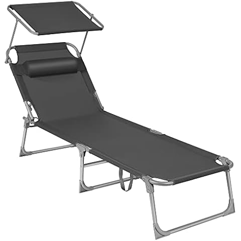 SONGMICS Sonnenliege, klappbarer Liegestuhl, 193 x 53 x 29 cm, max. Belastbarkeit 150 kg, mit Sonnenschutz, Kopfstütze und verstellbarer Rückenlehne, für Garten, Pool, Terrasse, dunkelgrau GCB19UV1 Cover
