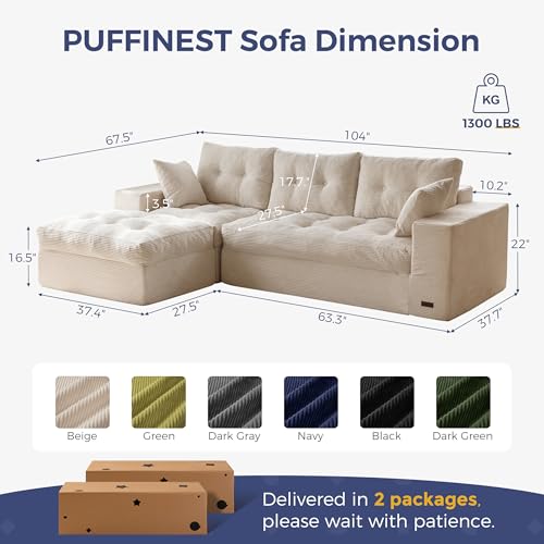 Image of MAXYOYO 104 inch L Shaped Modular Sectional Sofa with Ottoman, Cloud Boneless Couch with Layered Cushion, Upholstered Sofa in a Box, Flexible Module Combination for Living Room, No Assembly, Beige