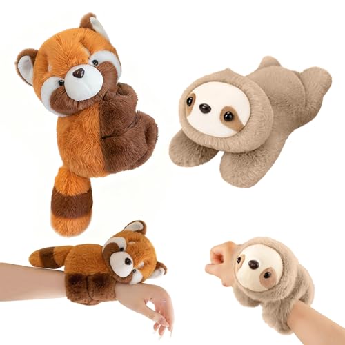 Ferizzia 2 Pièces Peluche Slap Bracelet à Claquer, Peluche Panda Roux Paresseux Slap Bracelet, Adorable Animal Bracelets Claque, pour Anniversaire Halloween Noël de Fête Noël