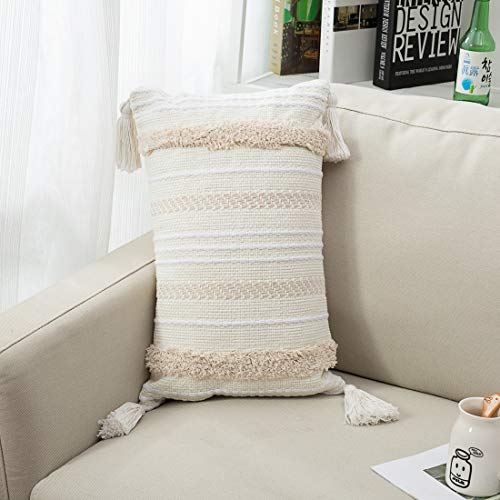 Blue Page Set Of 2 Lumbar Small Decorative Throw Pillow Covers For Couch Sofa Bedroom Living Room Woven Tufted Boho Cushion Cover Oblong Accent Pillow Cases With Tassels 12x20 Inch Yellowy Cream