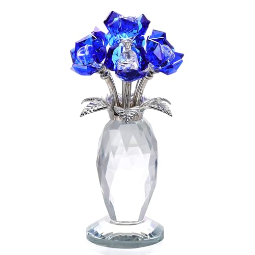 Crystal Blue Rose Bouquet Figurines Gifts for Women Flowers Valentine's Day Mother's Day Presents for Girlfriend Wife Partner Ornament for Home Decor