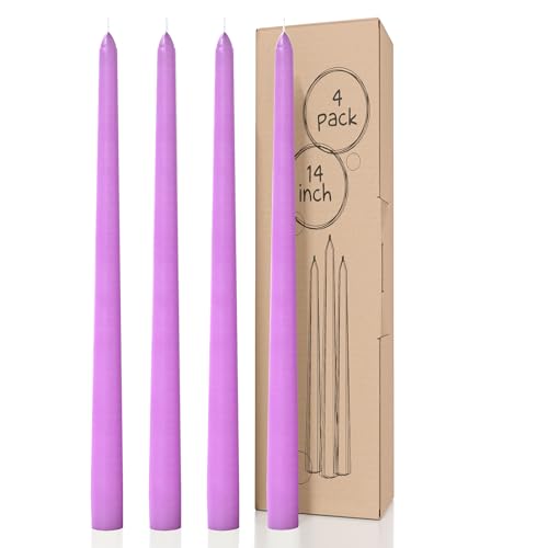 CANDWAX 14 inch Taper Lilac Candles Pack of 4 - Unscented Smokeless Dripless Tall Candlesticks - Perfect for Special Occasions, Ordinary Dinners, for Mother's Day - Lavender Candle Sticks