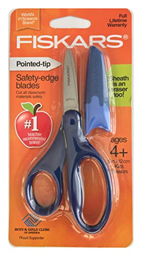 Fiskars Safety-Edge Pointed-tip Kids Scissors - 5 inches - Blue - Includes Blade Cover