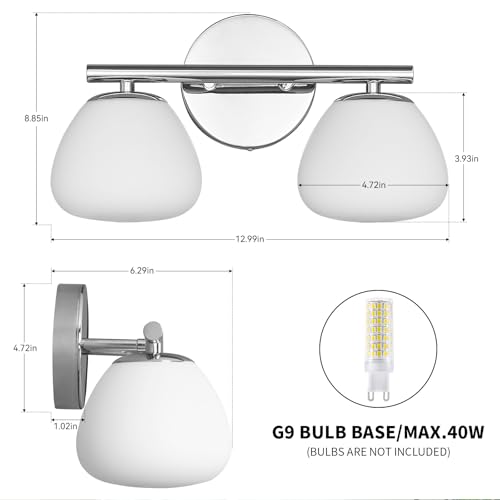 Image of Modern 2 Light Bathroom Vanity Light Chrome Vanity Light Bathroom Light Fixtures Over Mirror with Milk Glass Shade Bathroom Wall Sconce