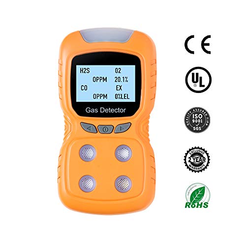 Portable 4 Gas Monitor Combustible Gas Detector Oxygen/Hydrogen Sulfide/Explosive Gas/Co Detector Professional Tester Analyzer Sniffer Meter: H2S, O2, CO, EX (Orange)