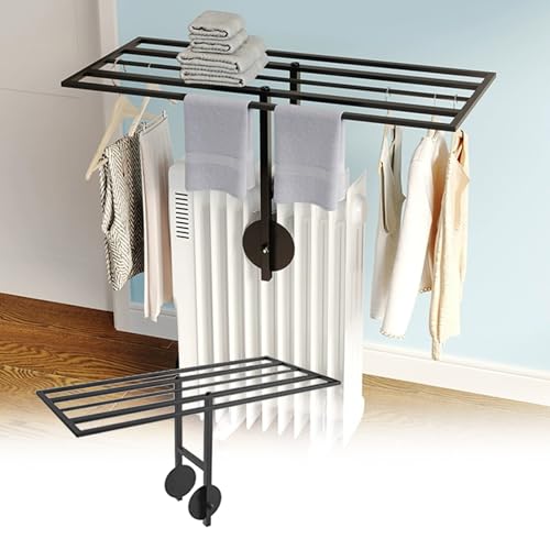 Clothes Drying Rack for Oil Filled Radiator Heater, Iron Oil Filled Heater Drying Rack Clothing, Height Adjustable, Multiple Hanging Rods(Black,80cm/31in)