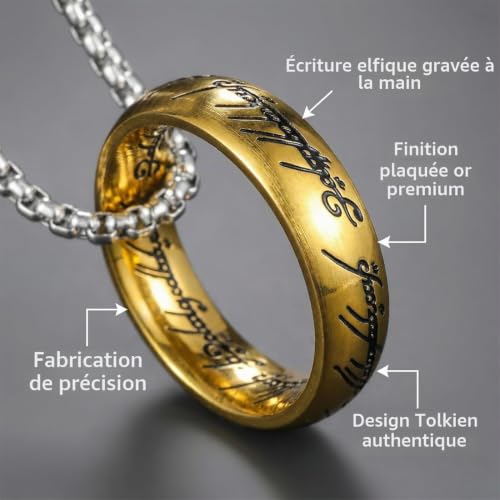 YAPKOLV Le Seigneur des Anneaux L'Anneau Unique Collier Pendentif Elfique Gandalf (Or) (Chaîne 60 cm) – vue 3
