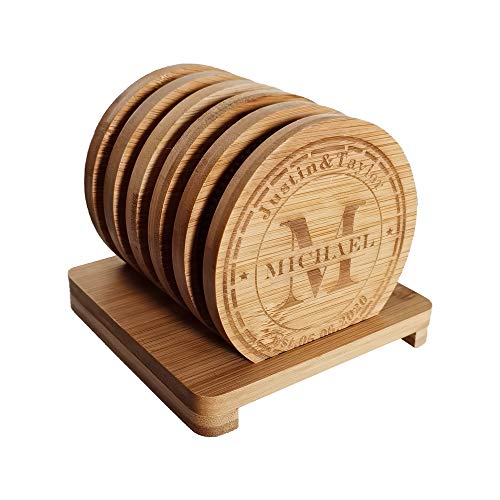Personalized Coasters Custom Engraved Coasters Bamboo coasters for Drinks Monogram Coasters with Holder Great Gifts for relatives friends or Yourself M Set of 6