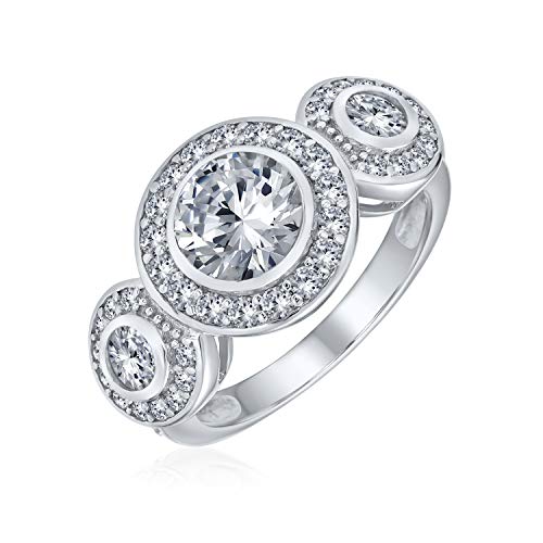 Bling Jewelry Personalized Art Deco Vintage Style Past Present Future Three Stone Circlet Halo AAA Cubic Zirconia Round Solitaire Engagement Ring Set Rose Gold .925 Sterling Silver Customizable2