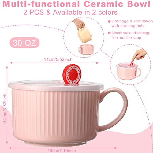 2 Pieces Ceramic Soup Bowls With Handles 30 Oz Microwave Safe Bowl With Lid Microwavable Soup Mug With Lid Large Soup Cups For Ramen Noodle Cereal (Pink, Yellow) #TOP1