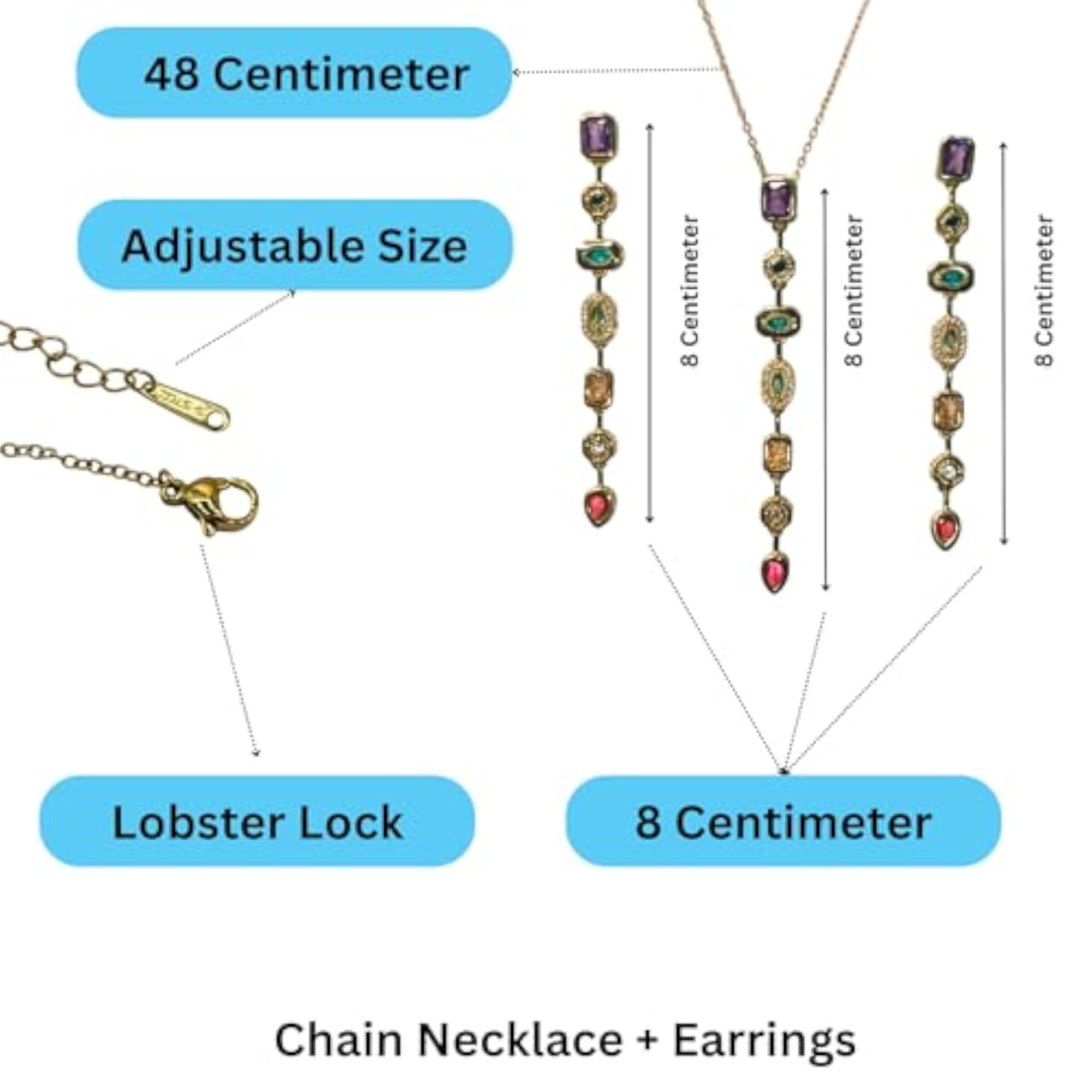 Women's Gold-Plated Multi Colour American Diamond Earrings and Necklace Set