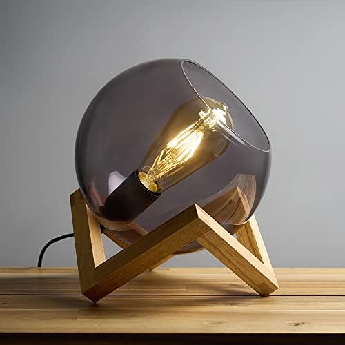 MiniSun Modern Smoked Effect Glass Globe Bedside Table Lamp on a Wooden Frame Base