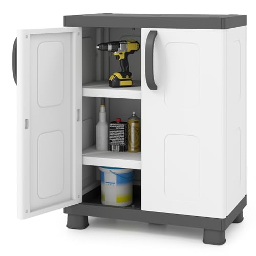 Giantex Storage Cabinet with 2 Doors and Adjustable Shelves Modern Plastic Base Garage Organizer Floor Sideboard for Kitchen Dining Room Bathroom (Wide-29x19x37 White+Grey)
