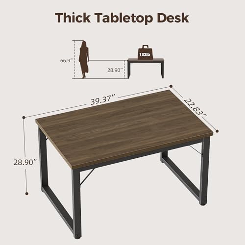 Image of 40 Inch Computer Desk, 1 inch Thick Small Office Table, Walnut | Modern Simple Style, Heavy Duty Industrial Frame, Small Study & Writing Table for Home Bedroom Work