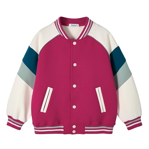 Rolanko Girls Boys Baseball Jacket Varsity Style School Sweatjacket with Pockets Bomber Coat Outwear for Kids, Rose, Size: 130, 7-8 Years