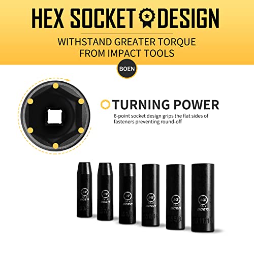 Boen 1/2" Drive Sae Deep Impact Socket Set, 19 Piece Cr-V Steel Socket Set Sae Size 3/8" To 1-1/4", Includes Extension Bars, Universal Joint And Adapter, 6 Point Design, Meets Ansi Standards #TOP3