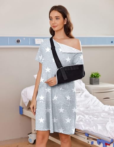 Image of Deyeek Women's Post Shoulder Surgery Hospital Gowns Tear Away Short Sleeve Full Open Side Snap Adaptive Clothing Nightgowns