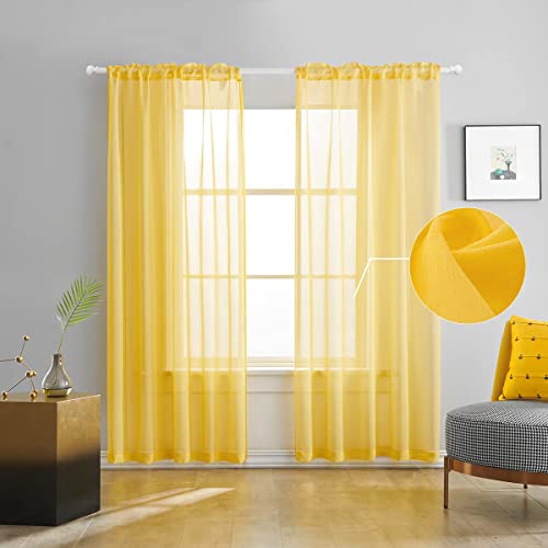 TOAVA DECO Butter Yellow Sheer Curtains 72 Inches Long Semi Faux Linen Yellow Sheers Curtain for Bedroom Living Room Girls Kids Room 2 Panels 52x72 Inch Length Gold
