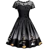 Vestidos de Halloween Manga Corta de Las Mujeres Años 50 Falda de Cuello Redondo Vintage Rockabilly Clásico de Impresión De La Vendimia Calabazas Cóctel Navidad Vestido Elegante de Fiesta(B01,XL)