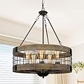 LamQee 5-Lights Rustic Farmhouse Chandeliers for Dining Room Over Table Wood and Metal Chandelier for Foyer Round Wooden Lights Fixture Large Drum Hanging Lighting Entryway Hallway Kitchen 18.9 Inch