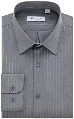 FAHIZO Men's Casual Business Long Sleeve Stripe Regular Fit Dress Shirts, Grey-S