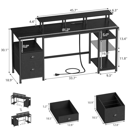 image for Furologee 61 inch Desk with Power Outlets, Gaming Desk with LED Lights