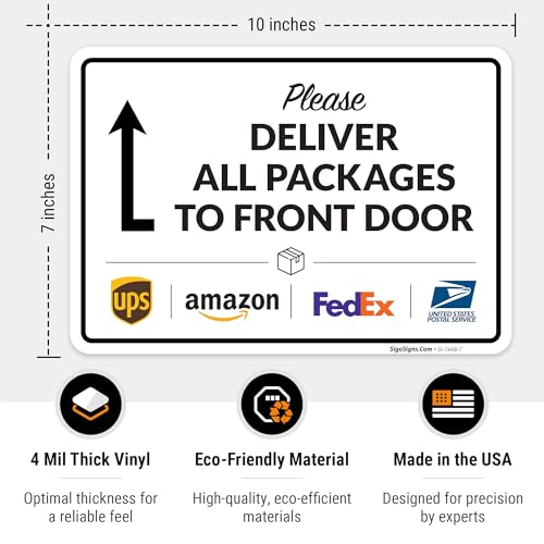 Image of Package Delivery Sign, Delivery Instructions Deliver All Package to Front Door Up Arrow Sign, 10x7 Inches, 4 Mil Vinyl Decal Stickers Weather Resistant, Made in USA