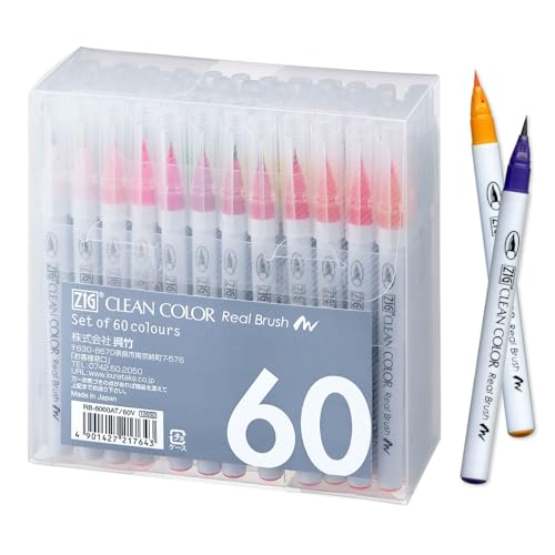 Kuretake Zig Clean Color Real Brush 60 colors set, Brush tip marker pens, for Professional and Artist, coloring, drawing, calligraphy, lettering, Made in Japan