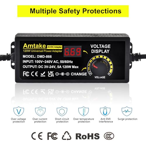 Universal Power Supply Adjustable AC to DC 3V ~ 24V Variable Switching AC/DC Adapter 5A 120W with LED Voltage Display and 5.5 x 2.5 mm 14 Tips for Household Electronics, DC Motor3
